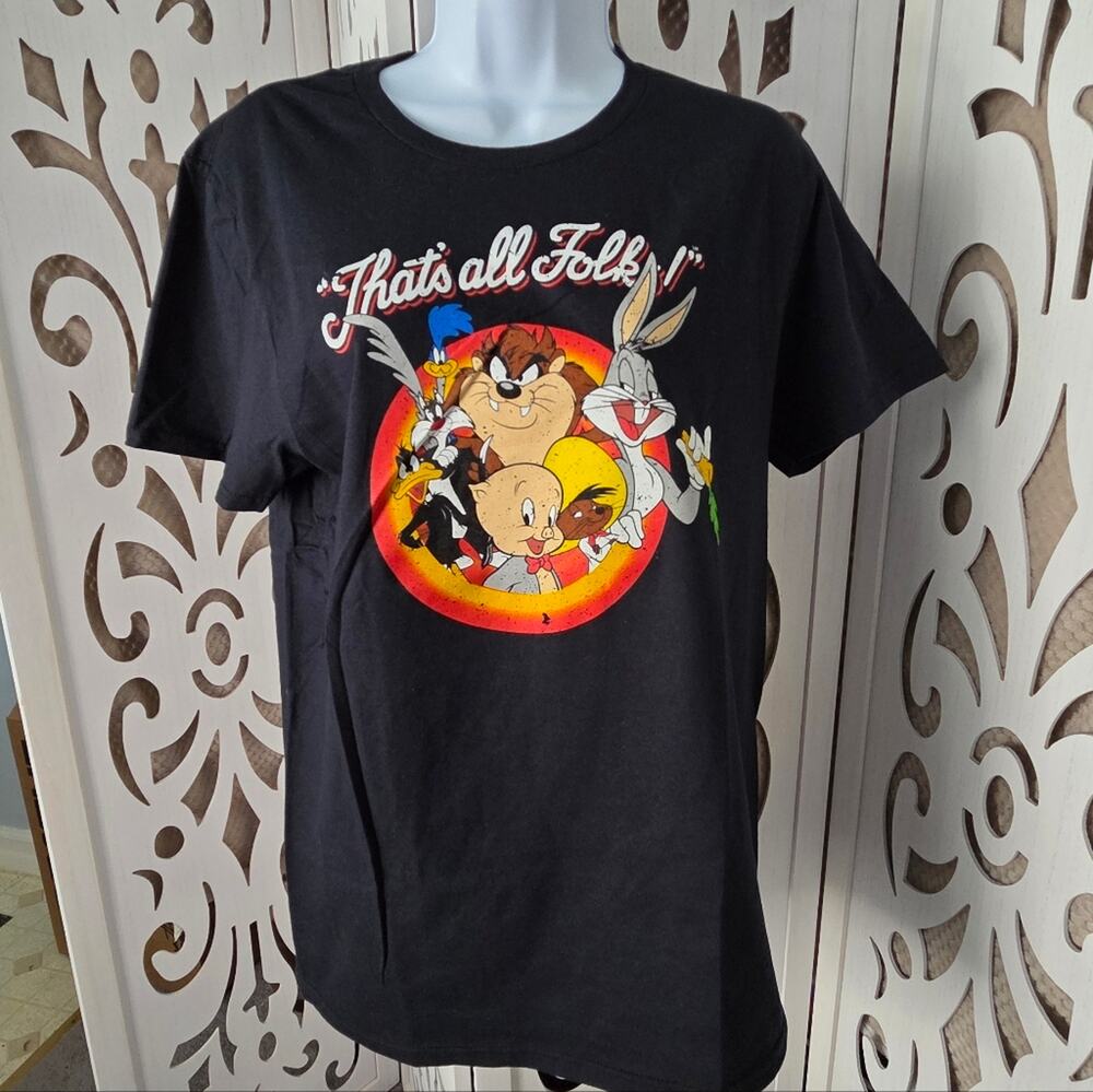 Looney Tunes Thats All Folks Graphic Tee Womens M Black Cartoon Shirt NWOT